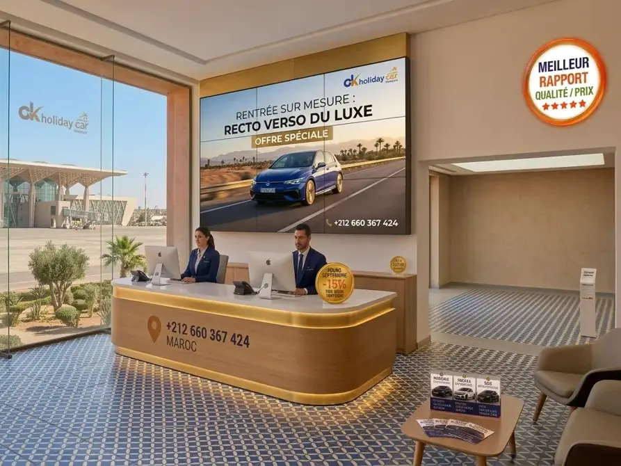 Comptoir d'une agence de location de voiture à l'aéroport de Marrakech